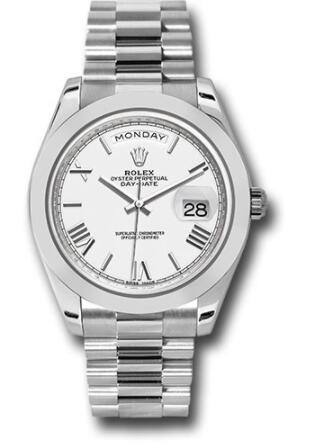 Replica Rolex 950 Platinum Day-Date 40 Watch 228206 Smooth Bezel White Bevelled Roman Dial President Bracelet